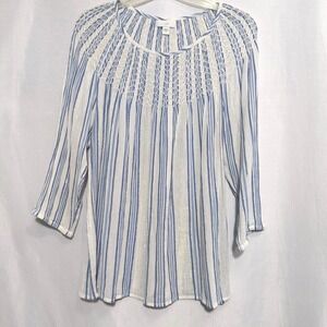 J Jill Womens M Smocked Gauze Tunic Top Lightweight 3/4 Sleeves Metallic Striped